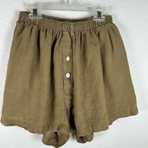 Deiji Studios Women Sz M/L, 100% linen khaki green shorts w/Japanese design